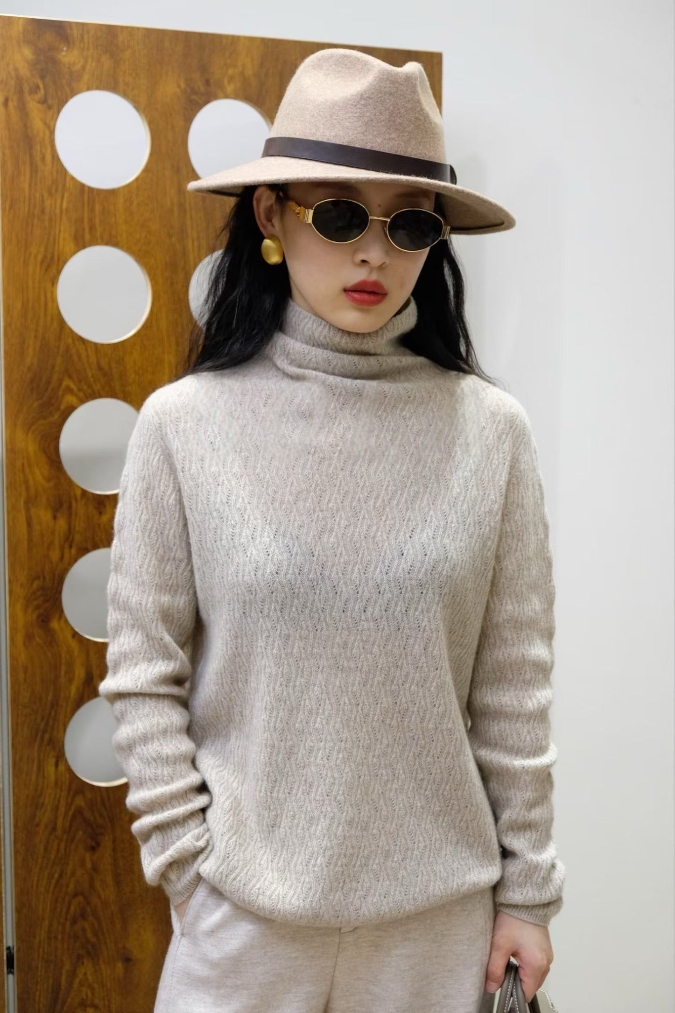 Cream Crochet-Stitch Turtleneck