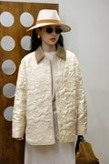Cream White Embroidered Down Jacket with Collar