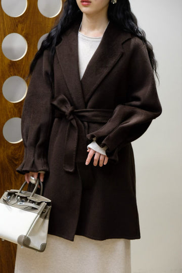 Long Brown Cashmere Coat with Floral Cuffs