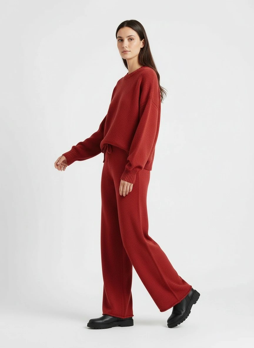 cherry red round neck sweater and pant set