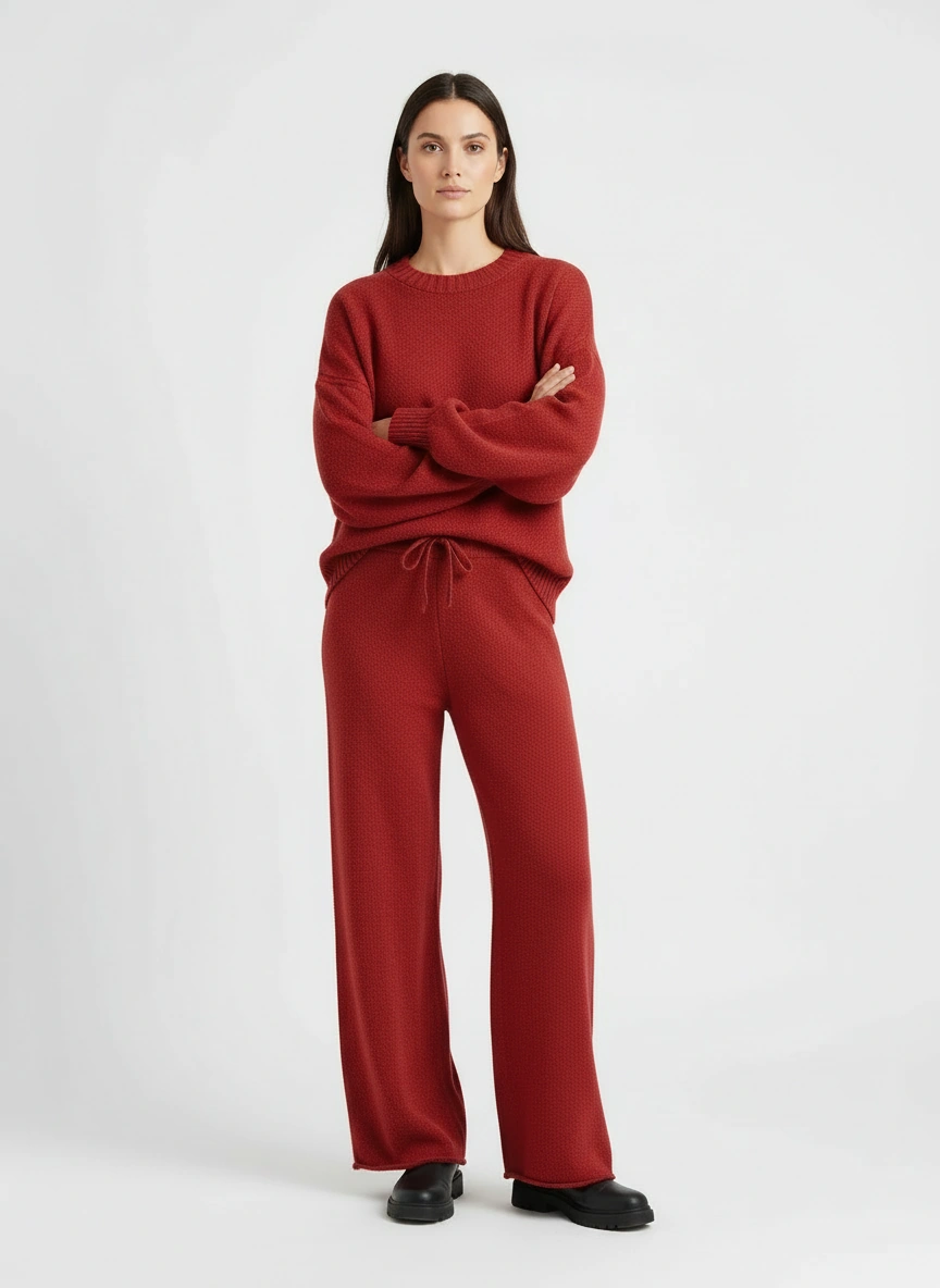 cherry red round neck sweater and pant set