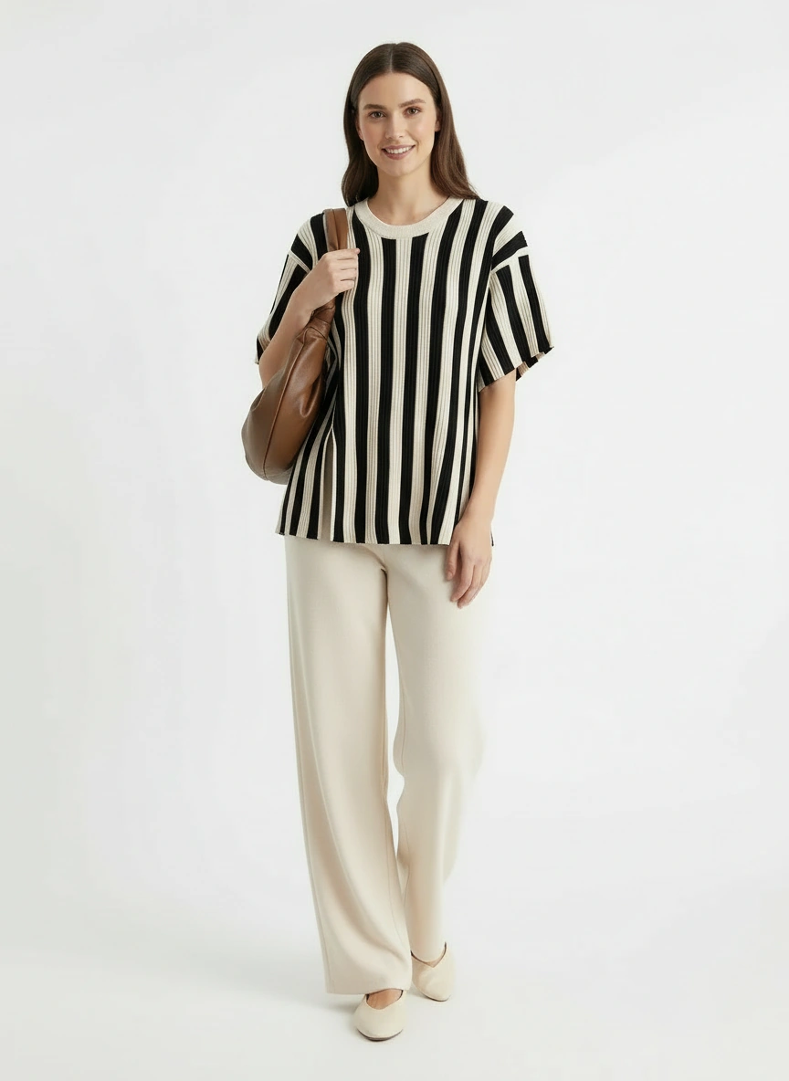 creamy white t-shirt featuring bold black stripes