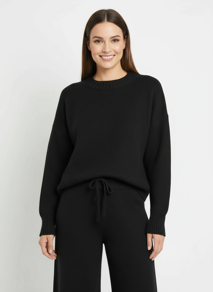 black sweater and wide leg pants set