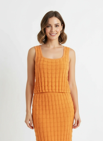 orange square neck sleeveless top and fit midi dress