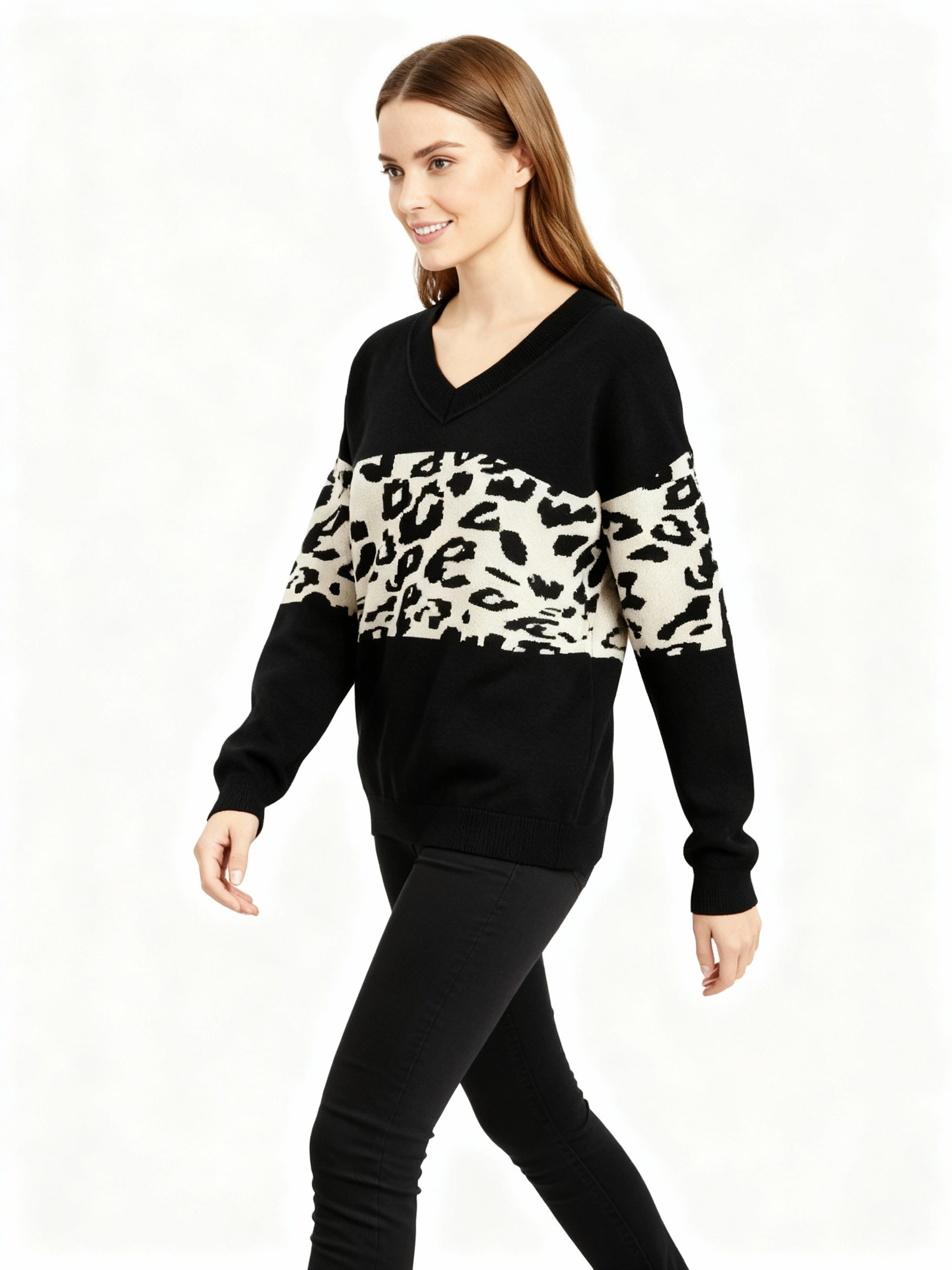 sophisticated black v neck loose fit sweater