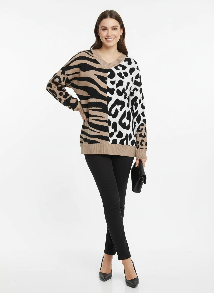 color block leopard print sweater