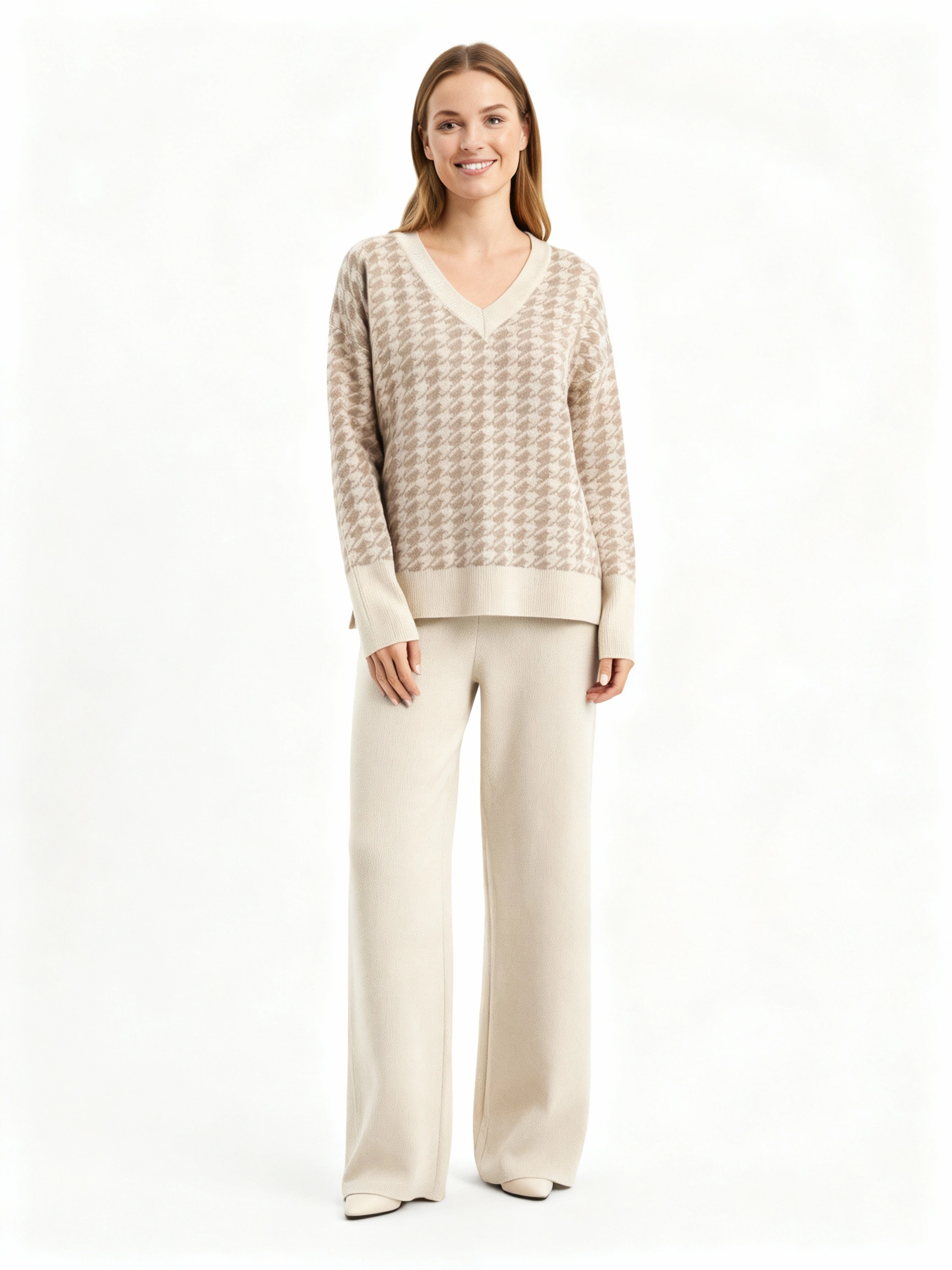 beige v neck sweater and pant set