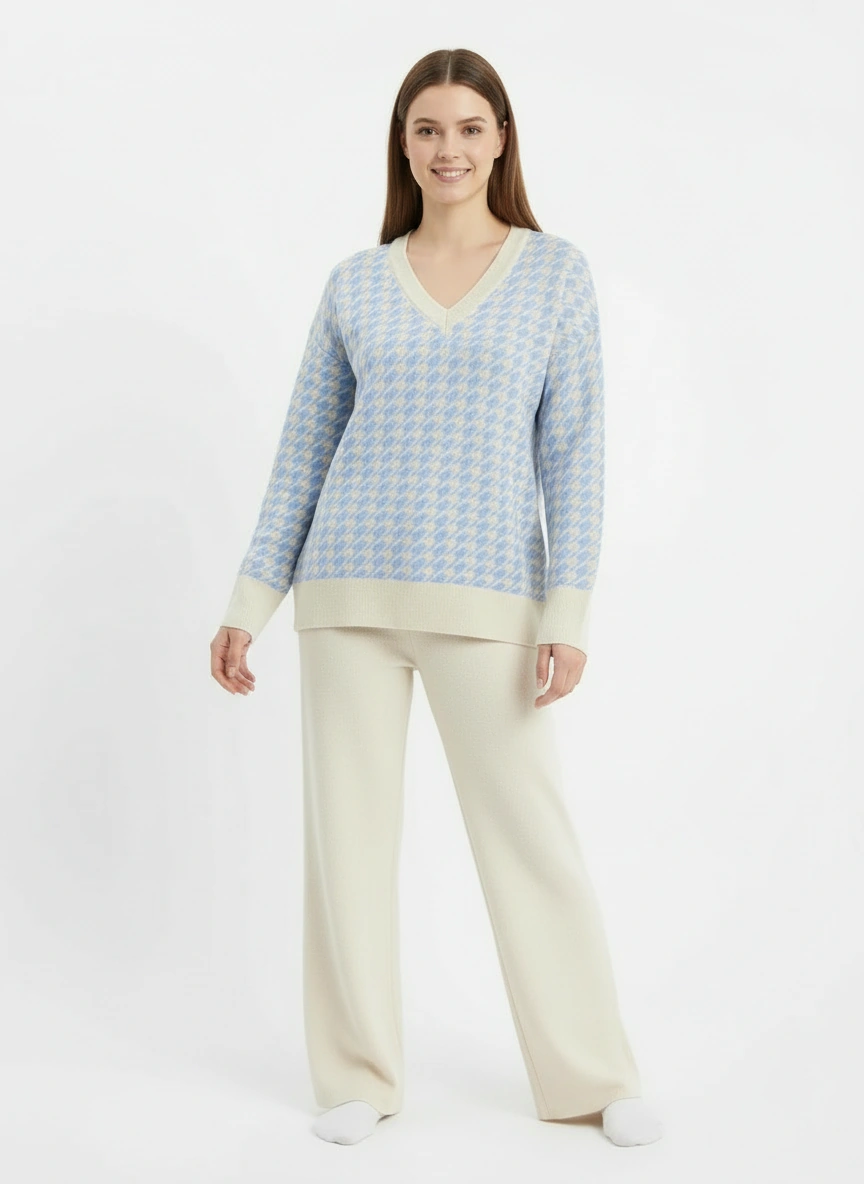 light blue v neck sweater and pant set