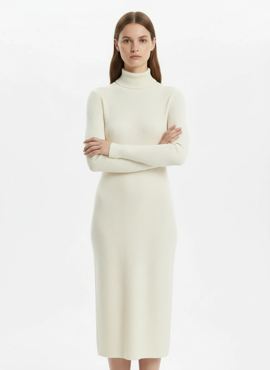 turtle neck creamy white long sleeve dress
