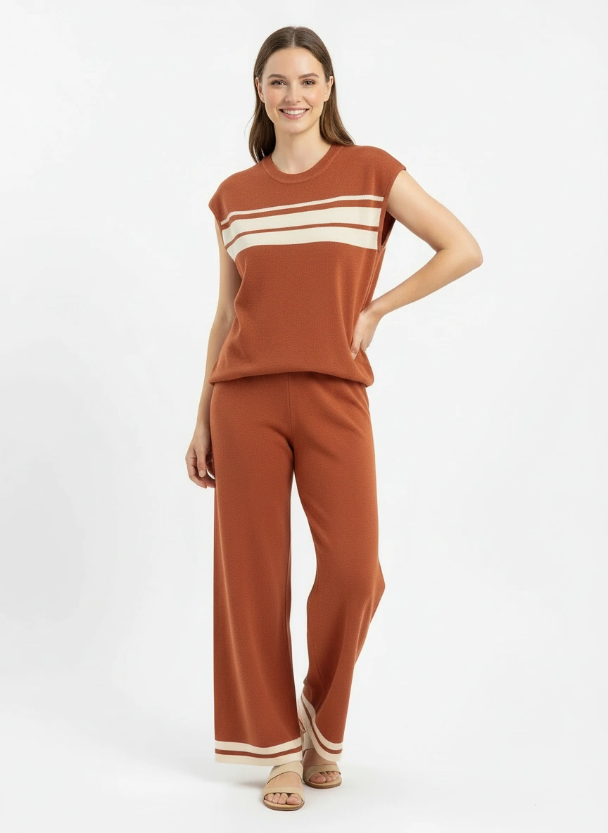 dark orange sleeveless vest and wide leg pant