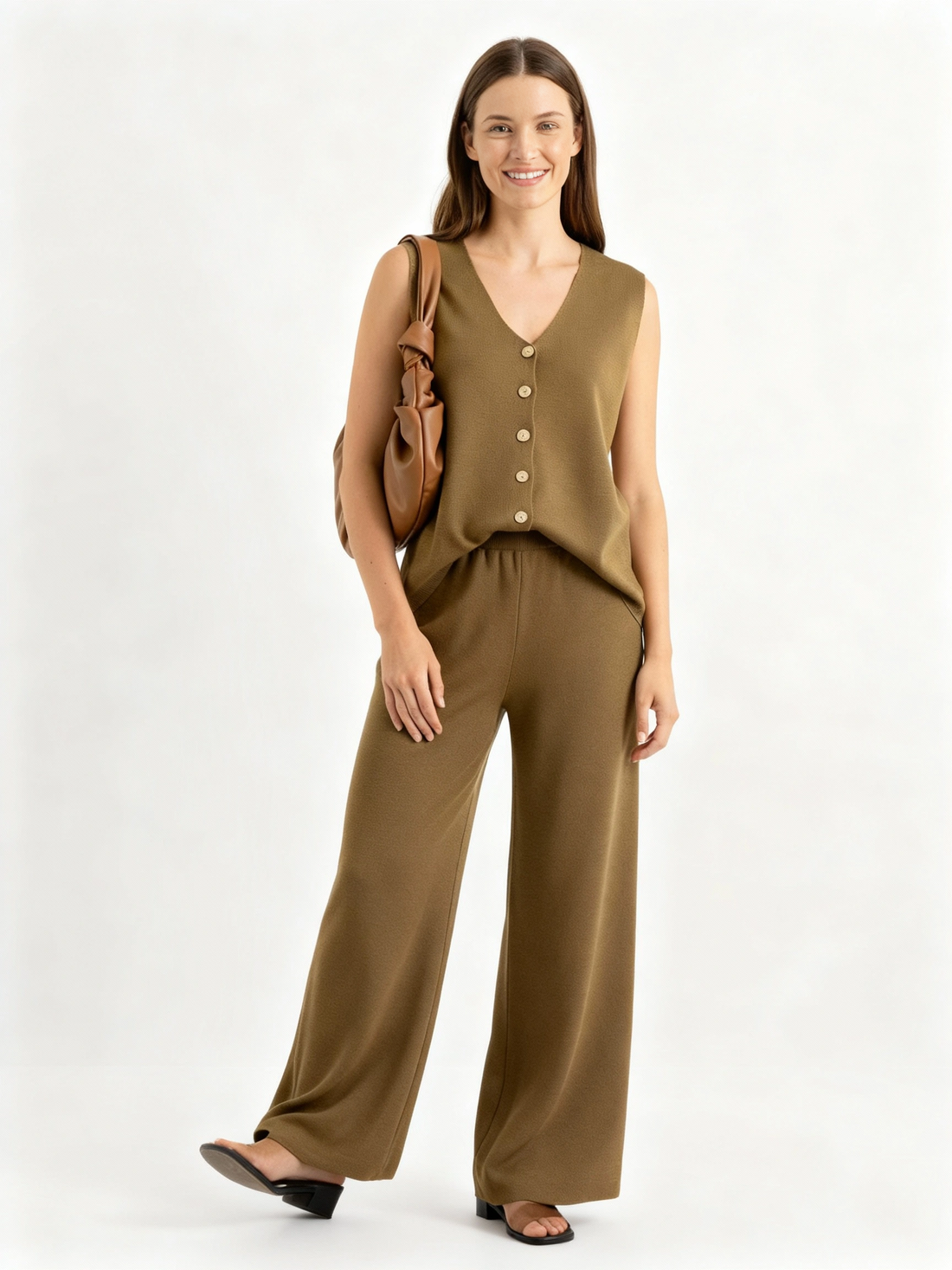 Sophisticated dark brown vest and wide leg pant