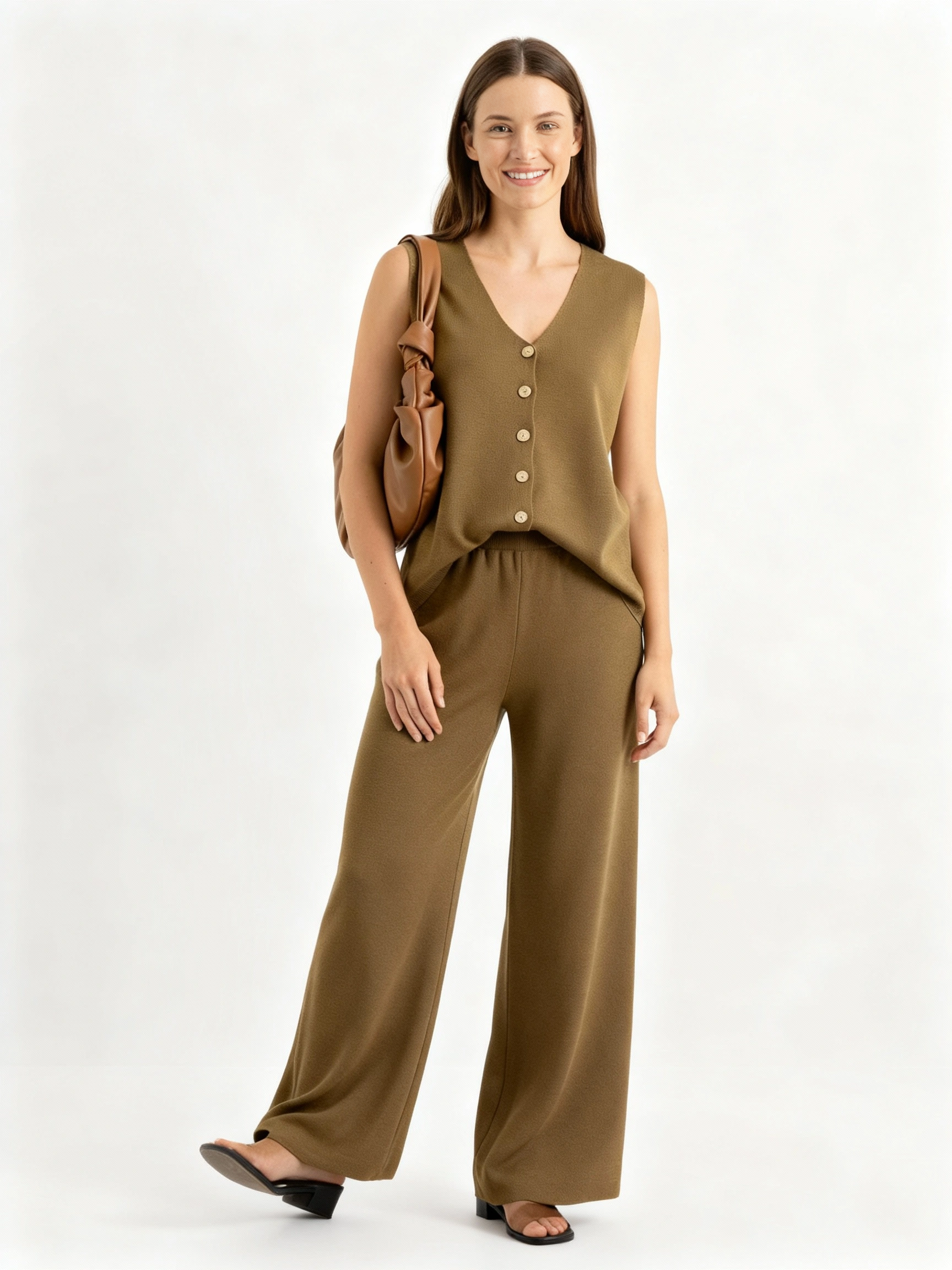 Sophisticated dark brown vest and wide leg pant