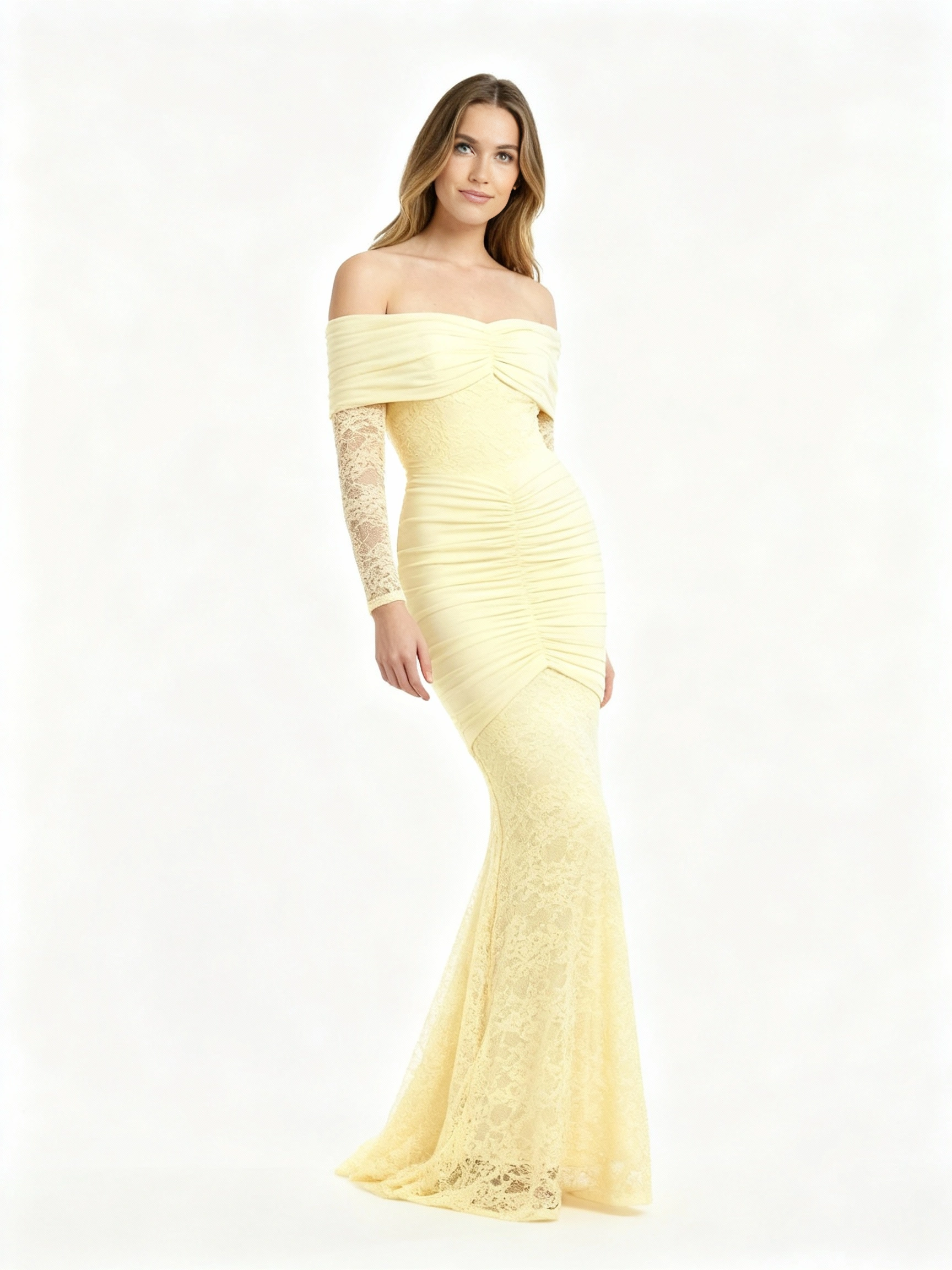 Unforgettable yellow off-shoulder lace maxi dress