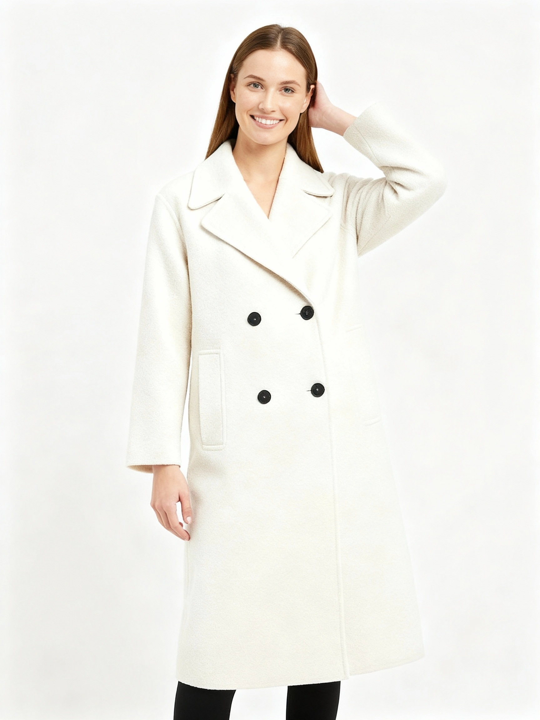 white wool double-breasted suit overcoat