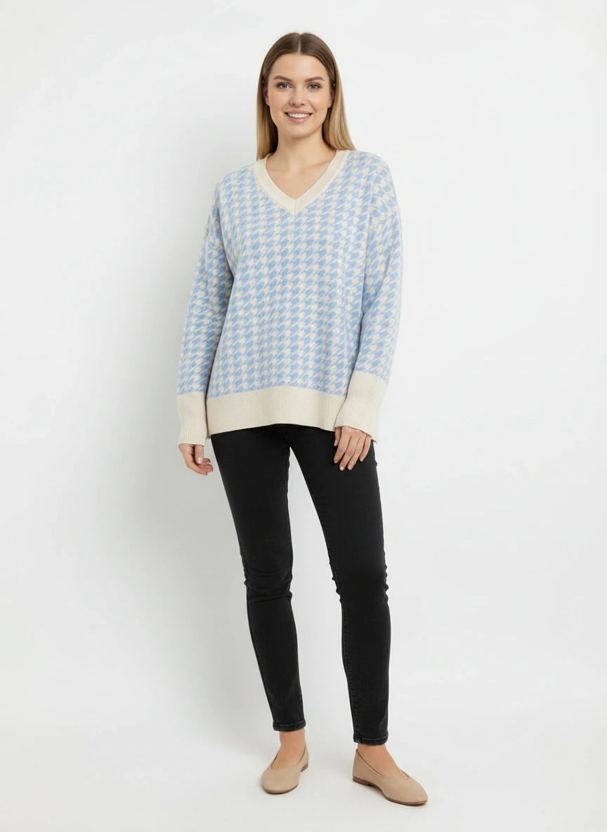 light blue v neck sweater and pant set