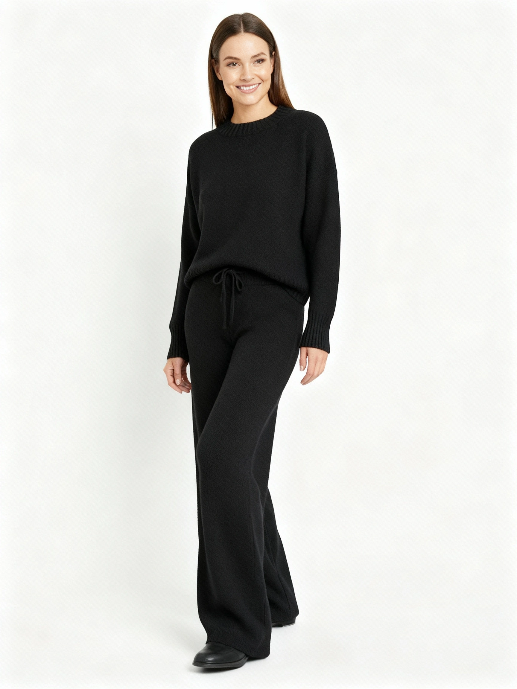 black sweater and wide leg pants set