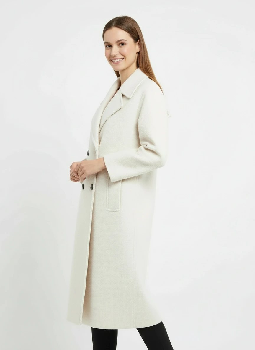 white wool double-breasted suit overcoat