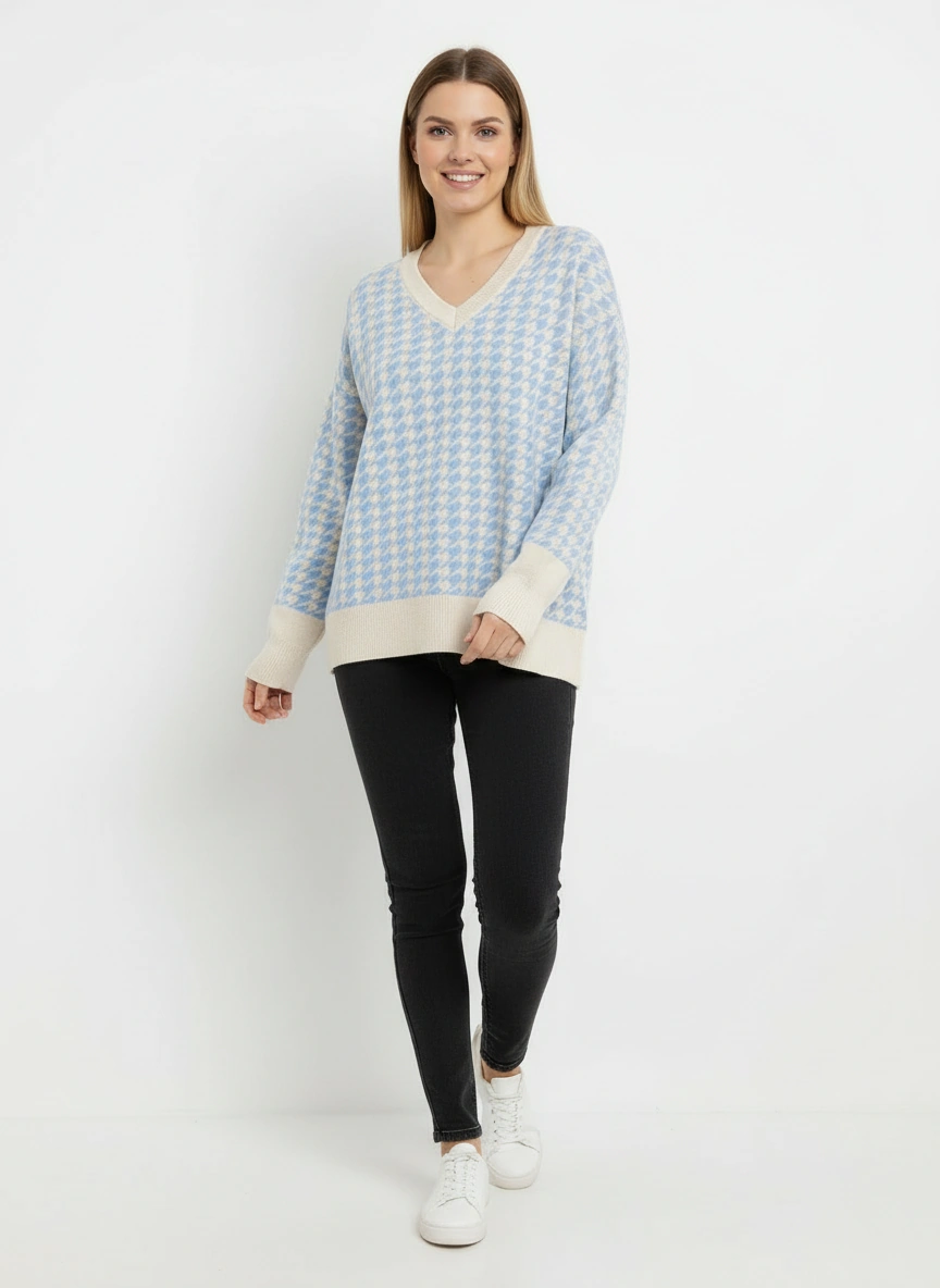 light blue v neck sweater and pant set