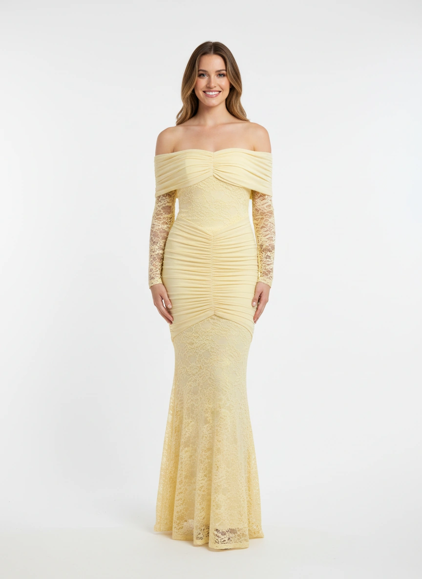 Unforgettable yellow off-shoulder lace maxi dress