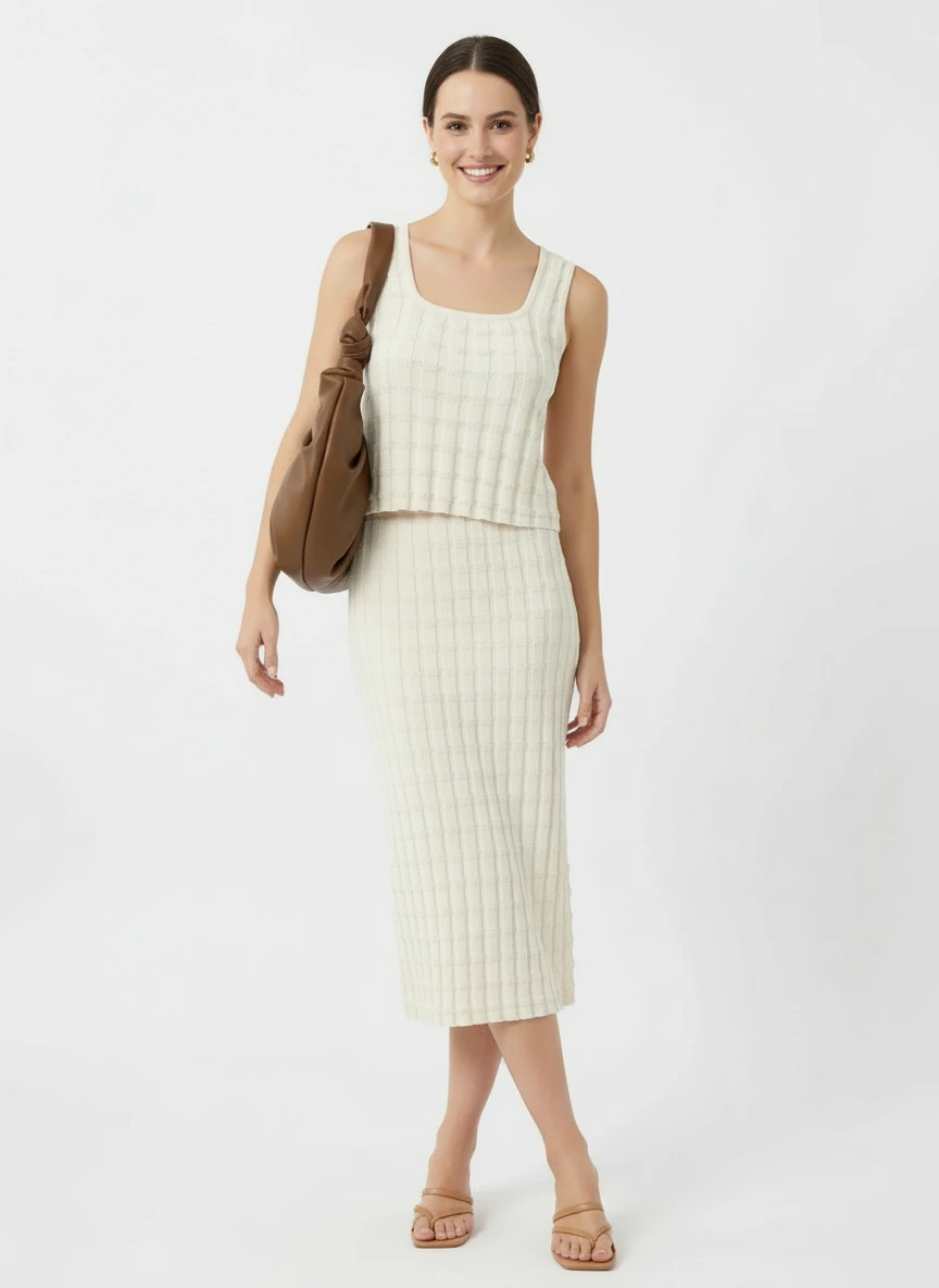 creamy white chic design top and midi skirt