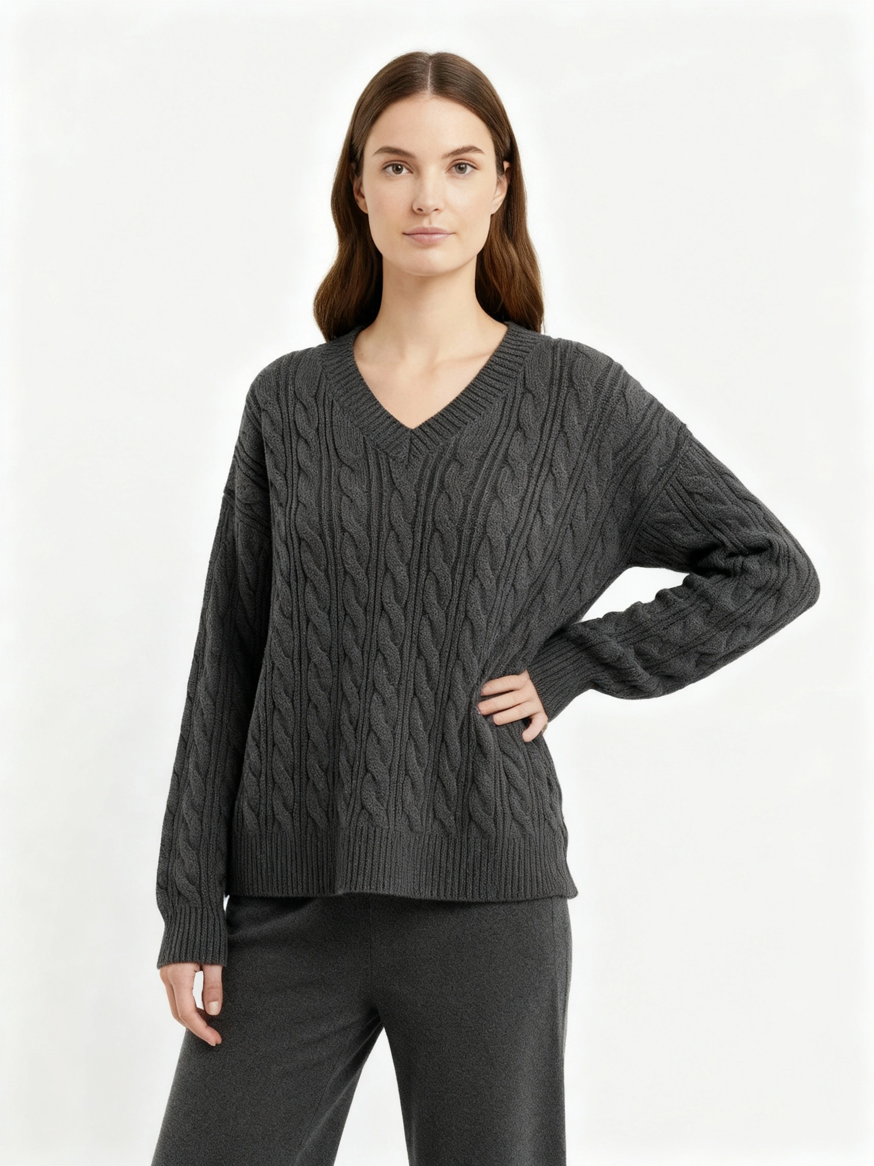 dark gray v neck sweater and pant set