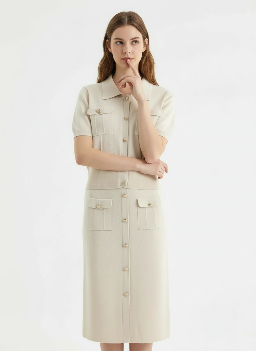 sophisticated light beige short sleeve top and midi skirt