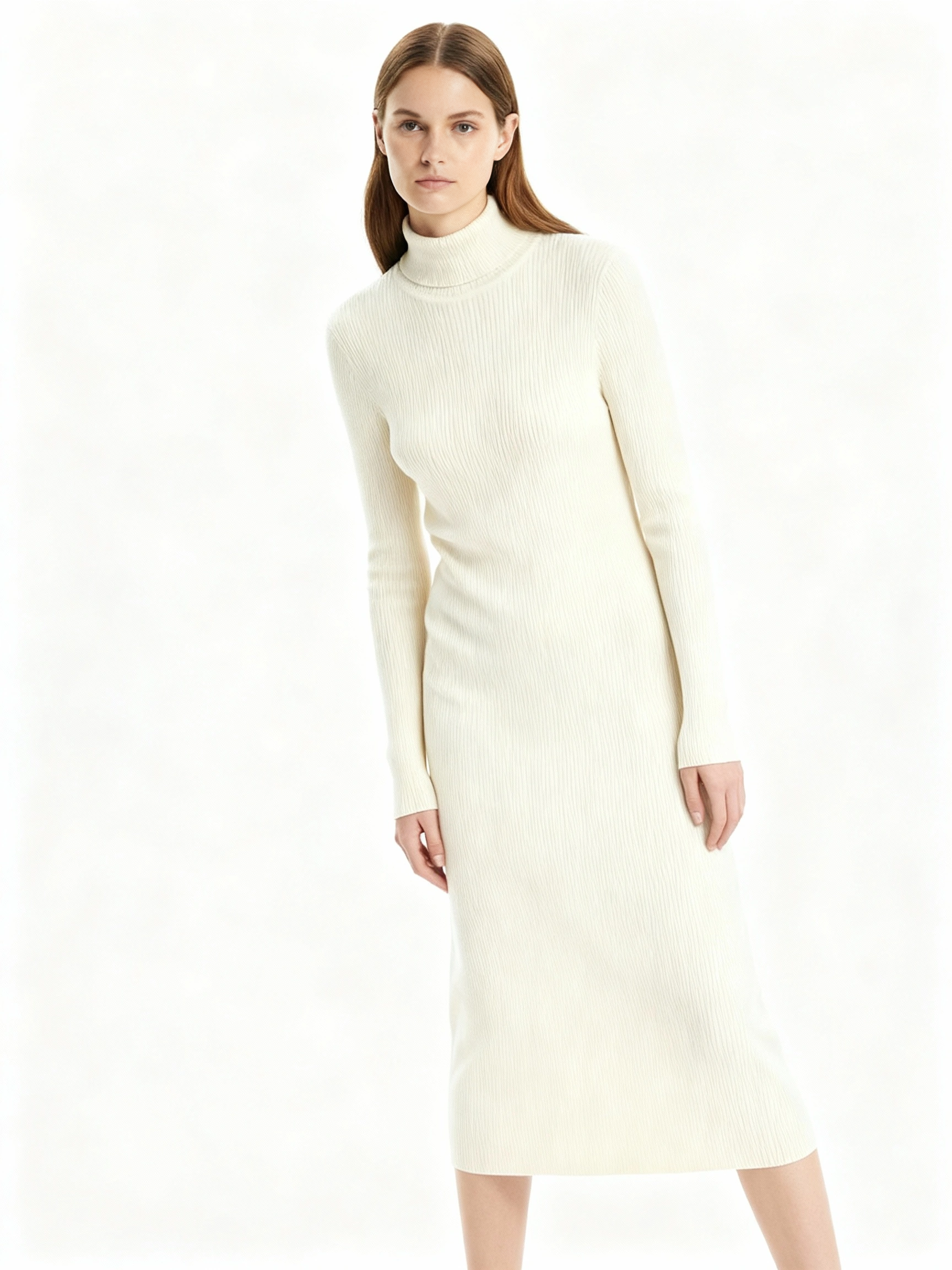 turtle neck creamy white long sleeve dress