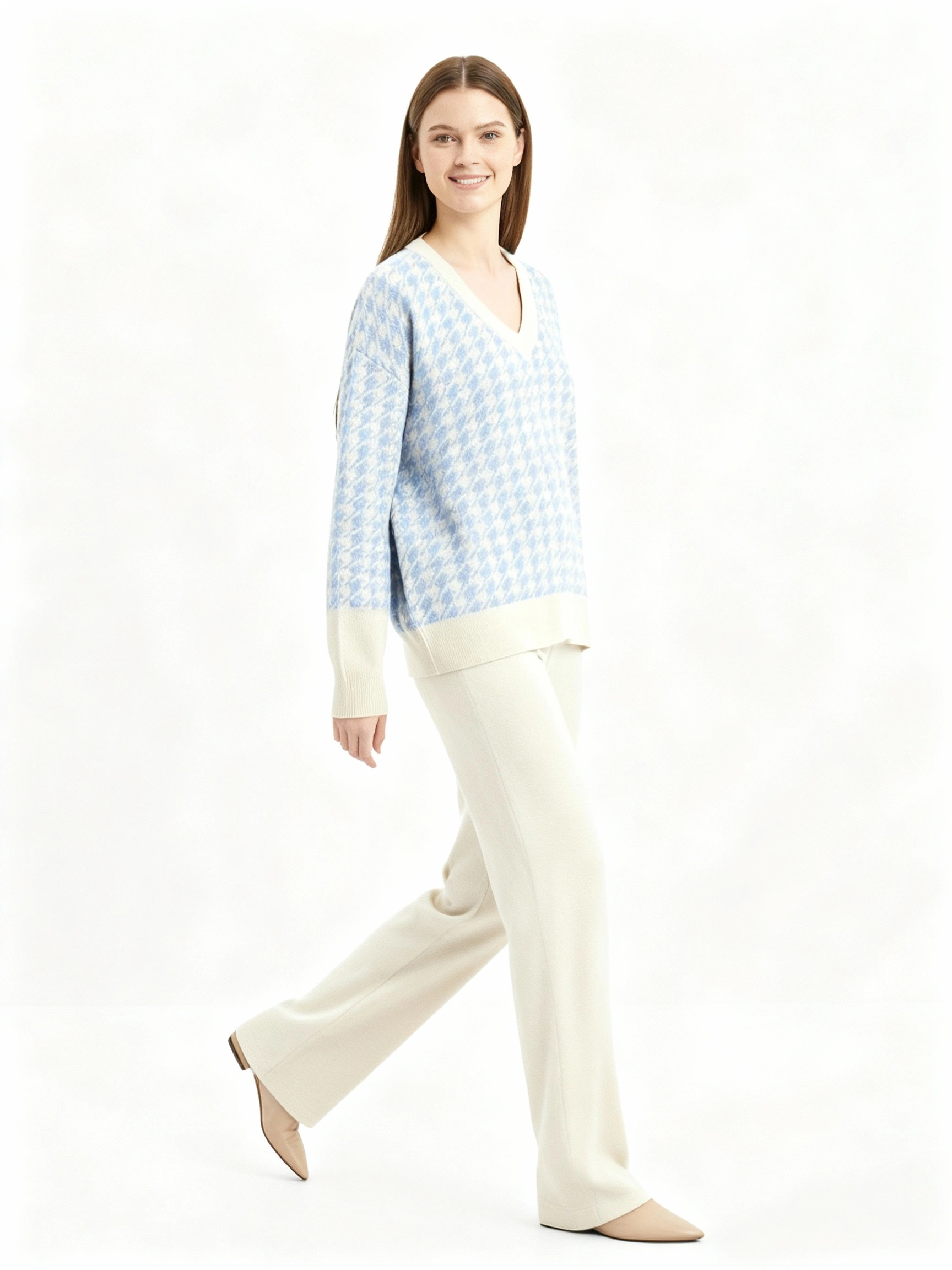 light blue v neck sweater and pant set