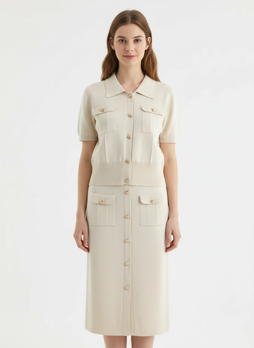 sophisticated light beige short sleeve top and midi skirt