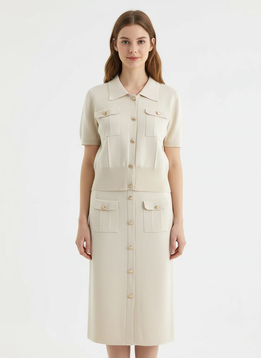 sophisticated light beige short sleeve top and midi skirt