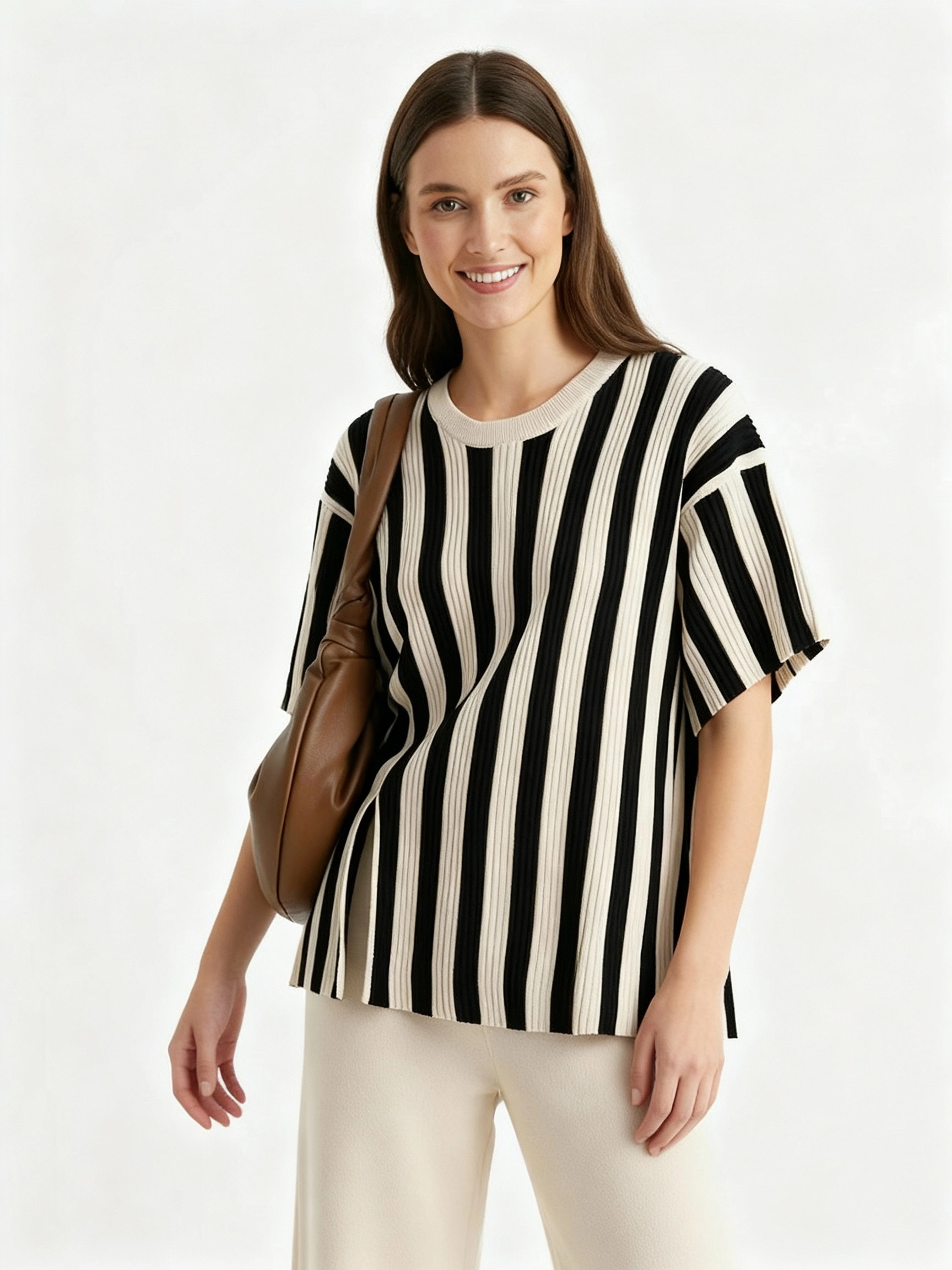 creamy white t-shirt featuring bold black stripes