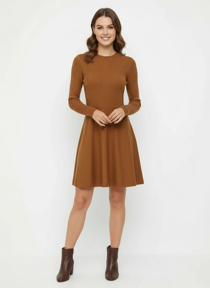 dark brown round neck flare short dress