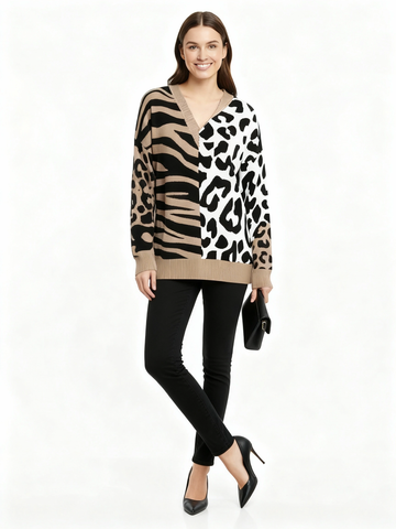 color block leopard print sweater