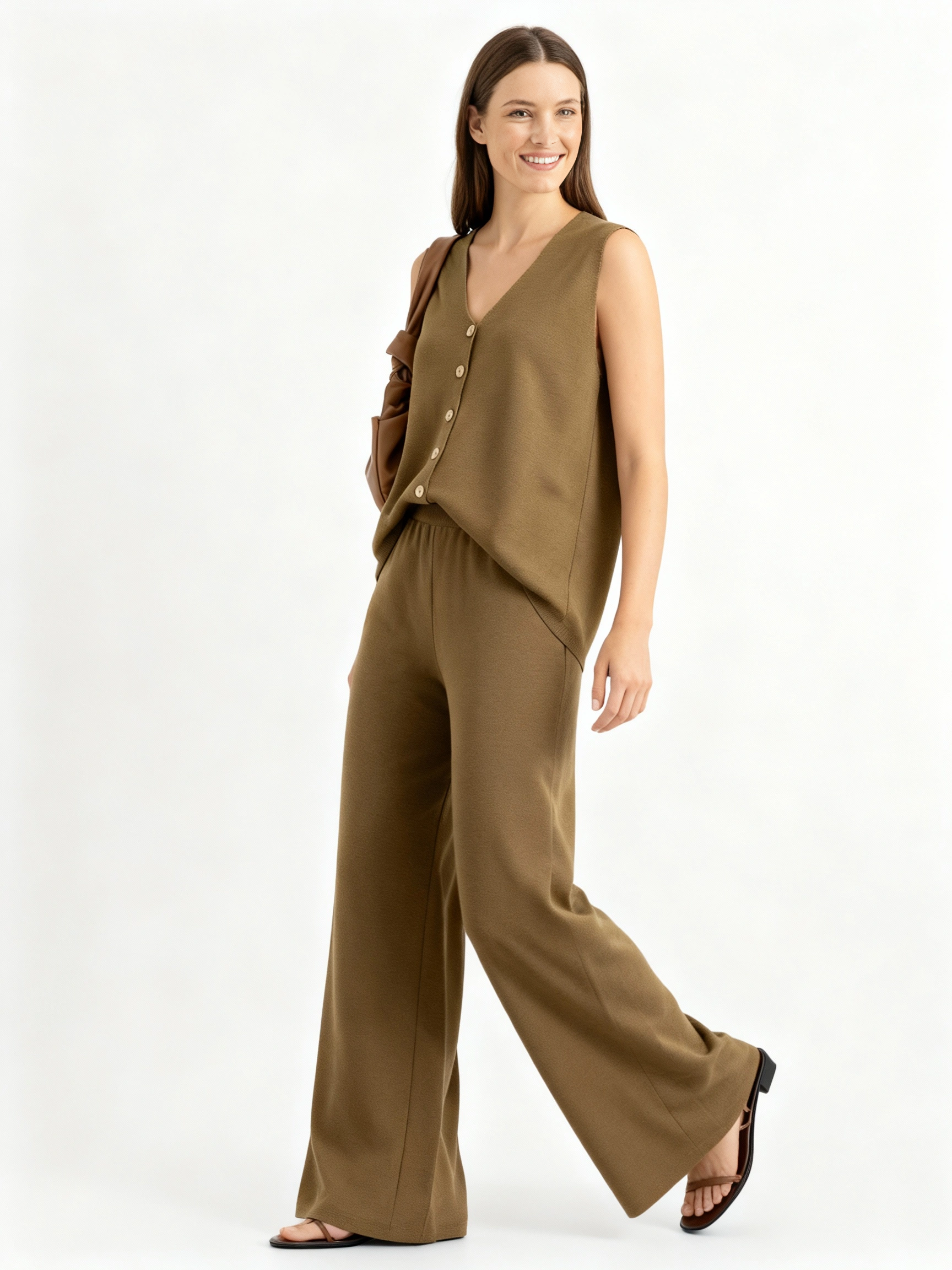 Sophisticated dark brown vest and wide leg pant