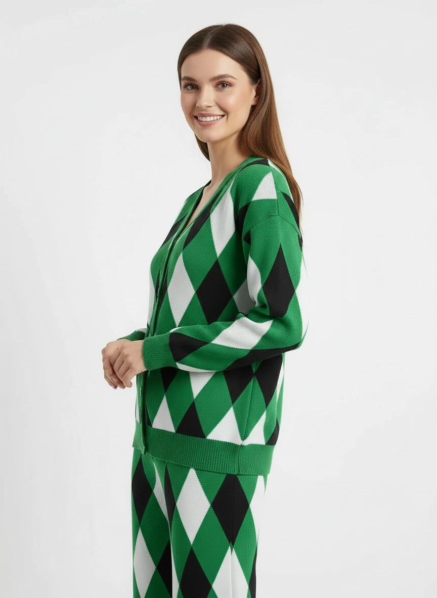 green conceptual print sweater and pants set