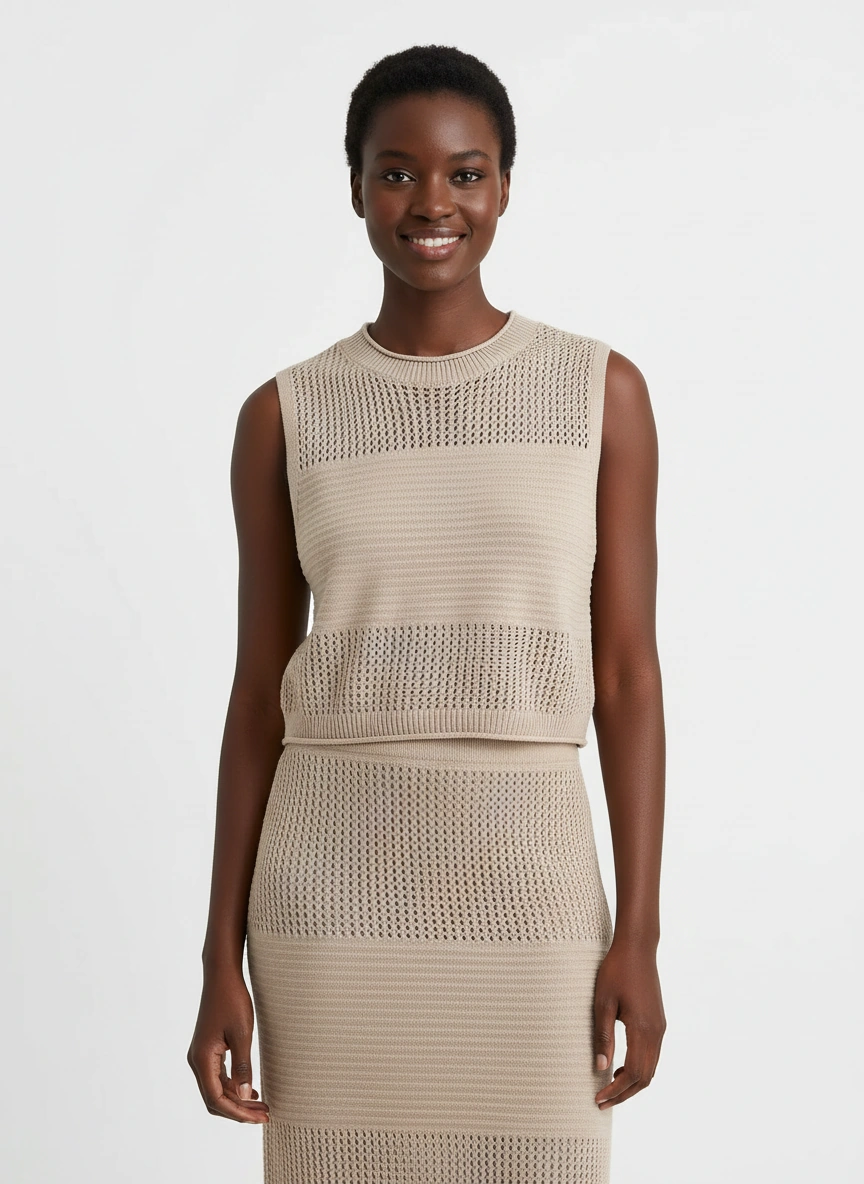 beige sleeveless vest and midi skirt set