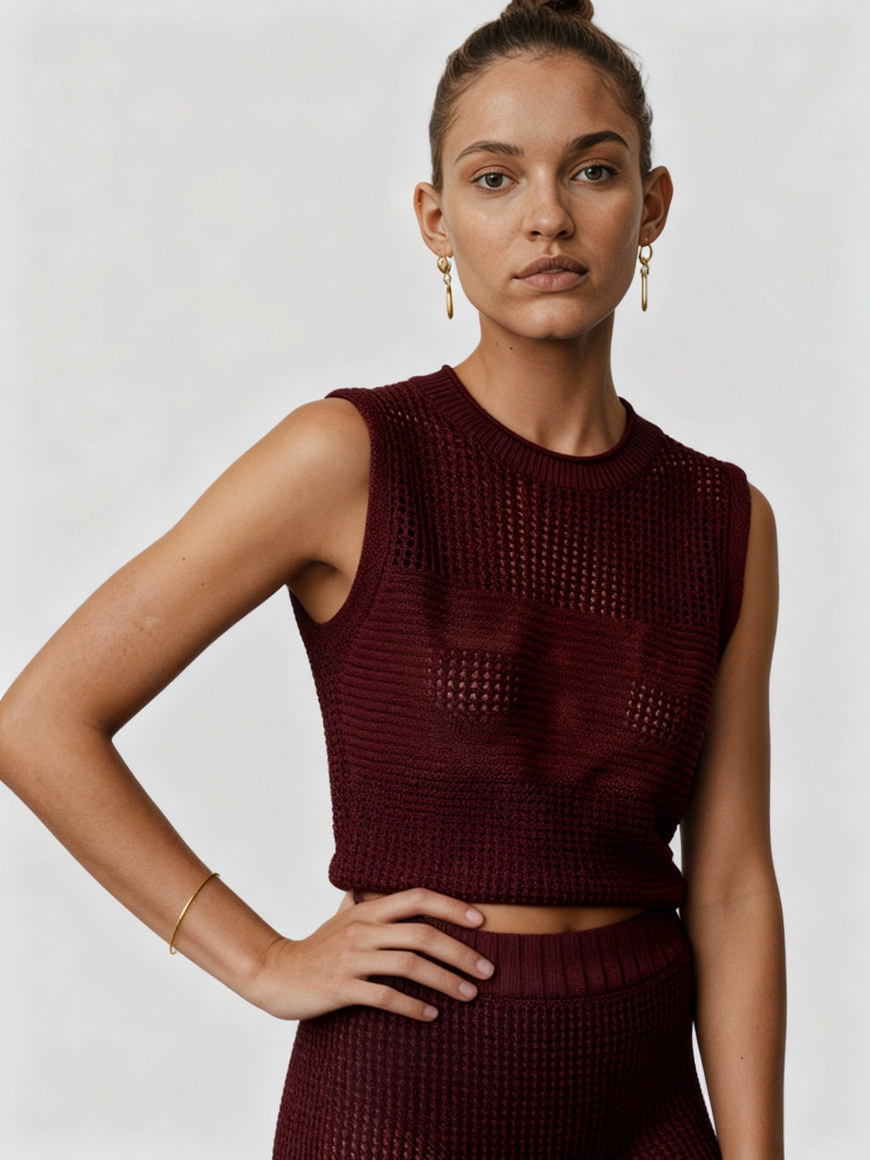 wine red sleeveless vest and midi skirt set