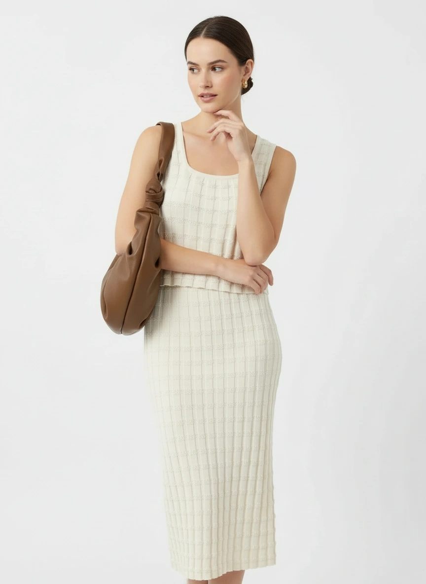 creamy white chic design top and midi skirt