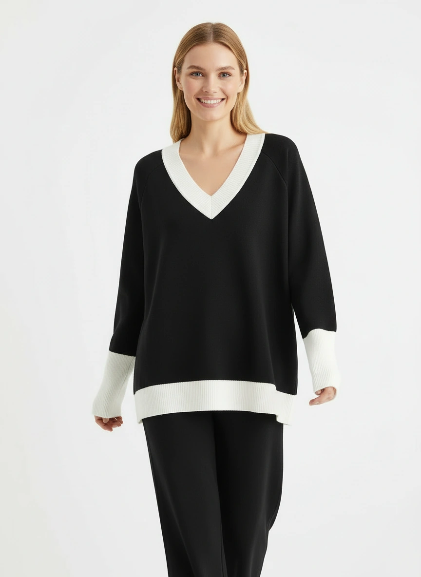 black v neck sweater and wide leg pant