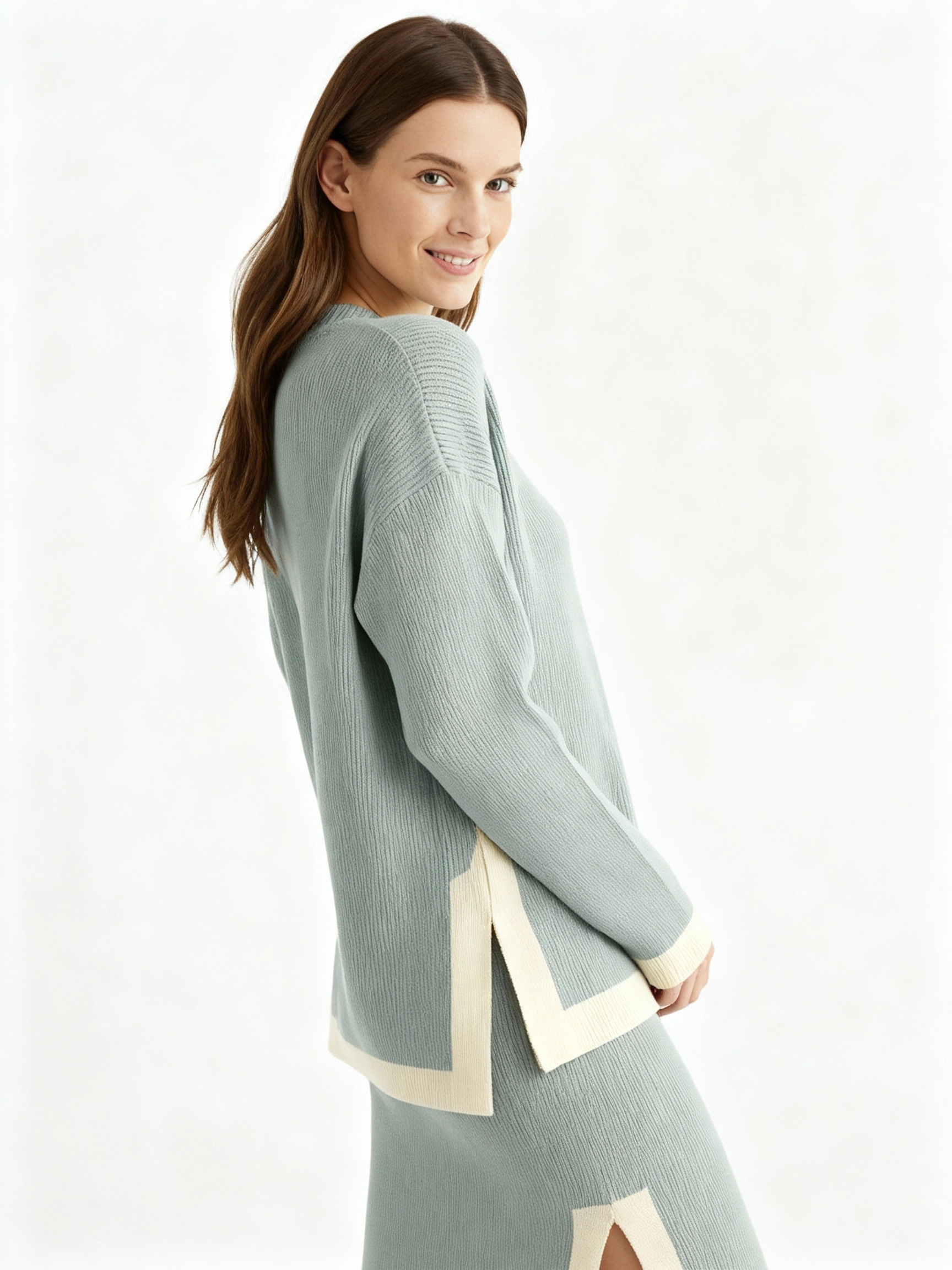 sophisticated dark brown long sleeve pullover and midi skirt set