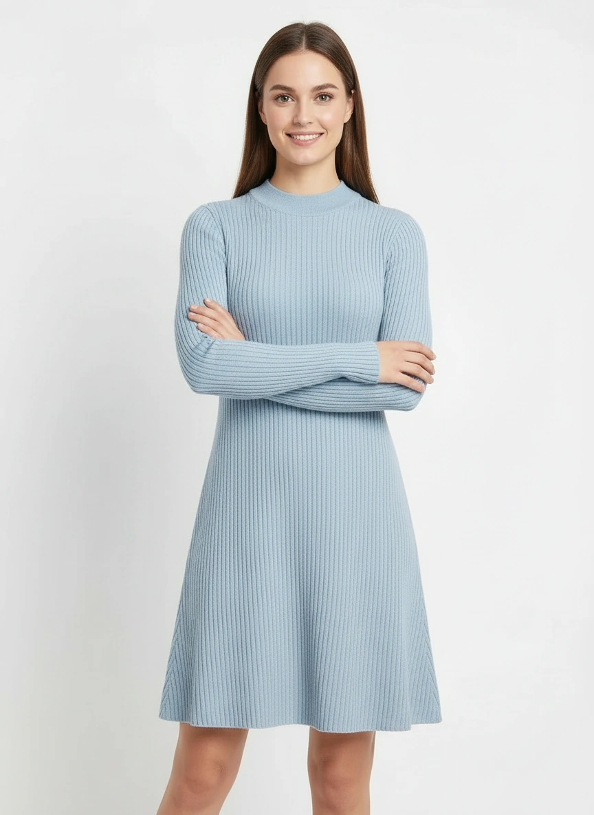 light blue round neck flare short sweater dress