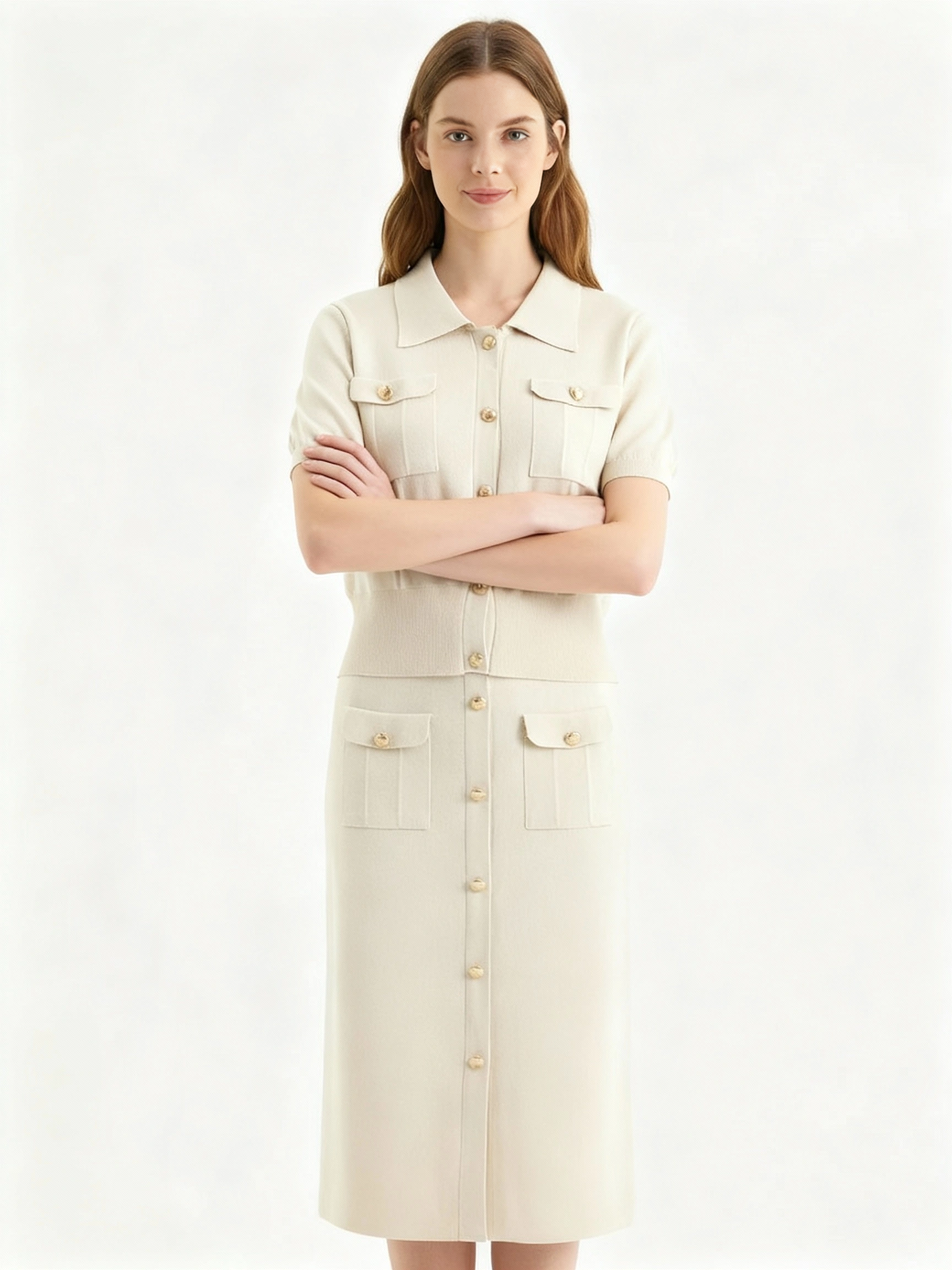 sophisticated light beige short sleeve top and midi skirt