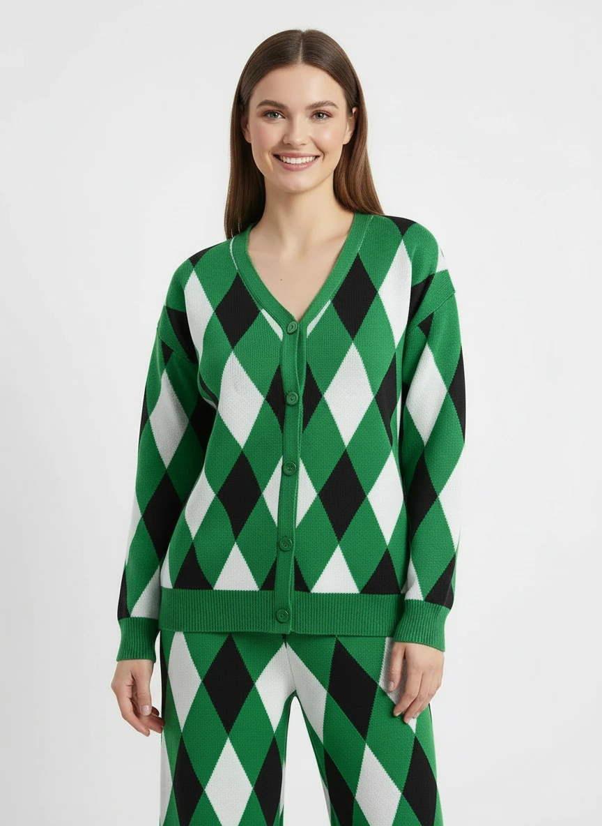 green conceptual print sweater and pants set