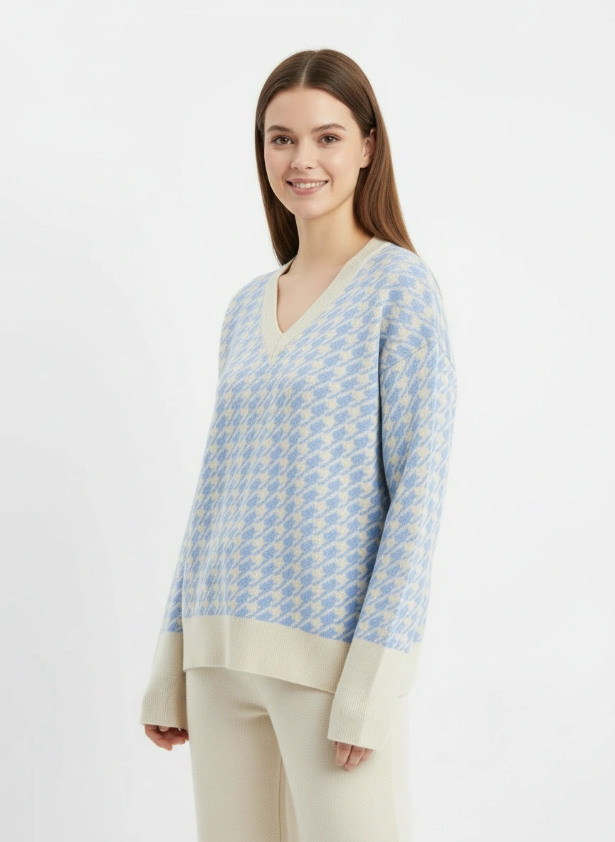 light blue v neck sweater and pant set