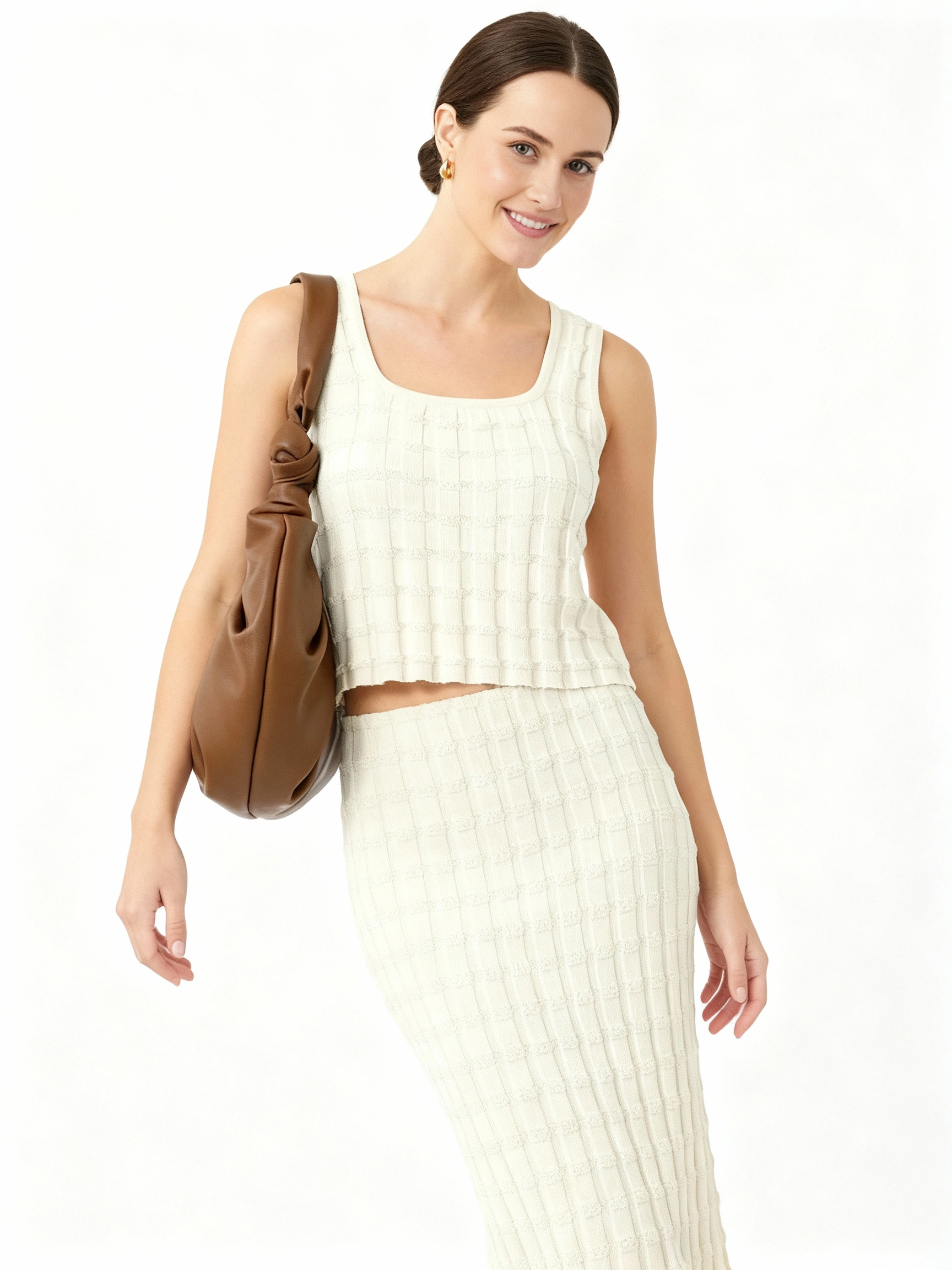 creamy white chic design top and midi skirt