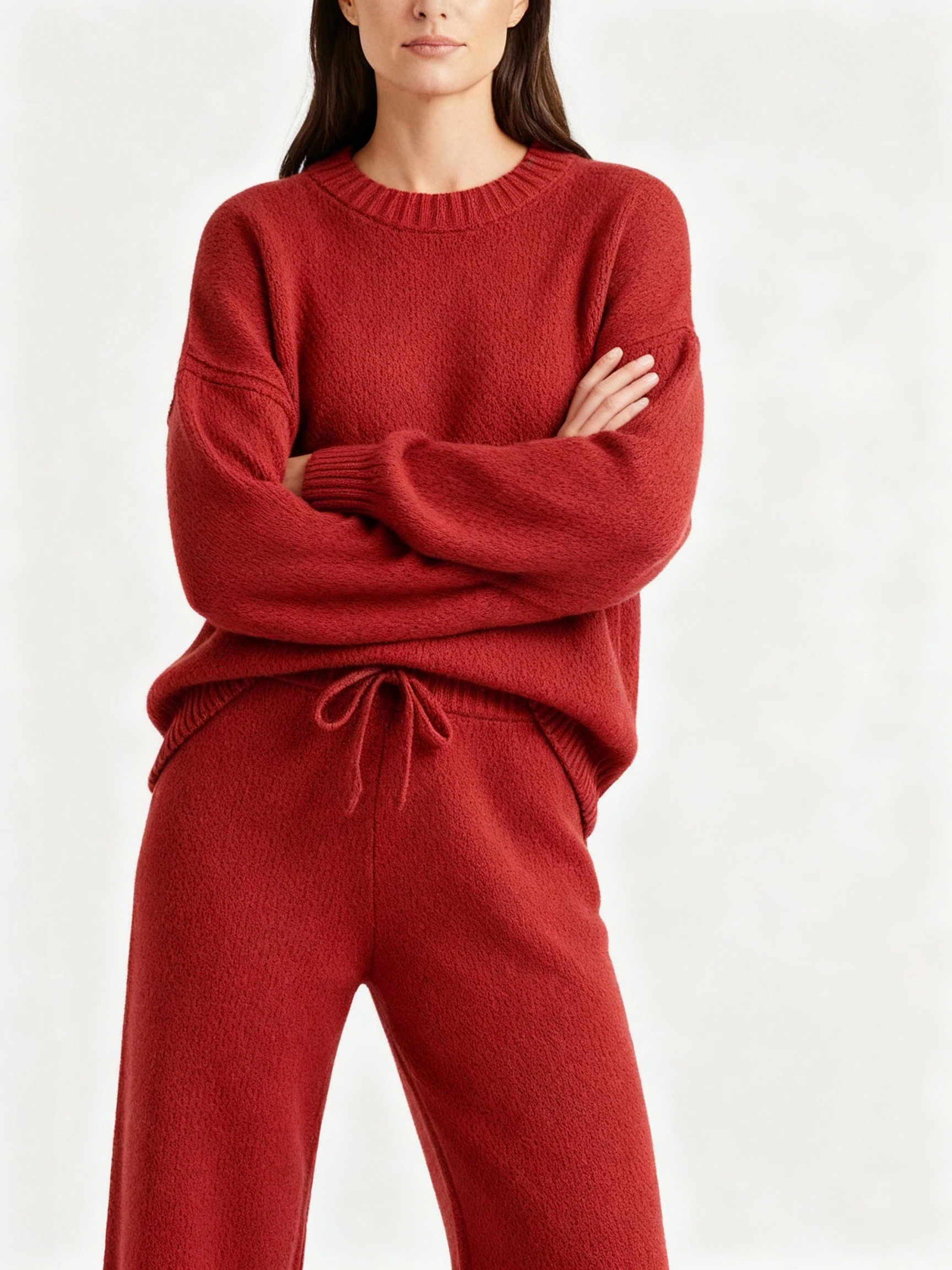cherry red round neck sweater and pant set