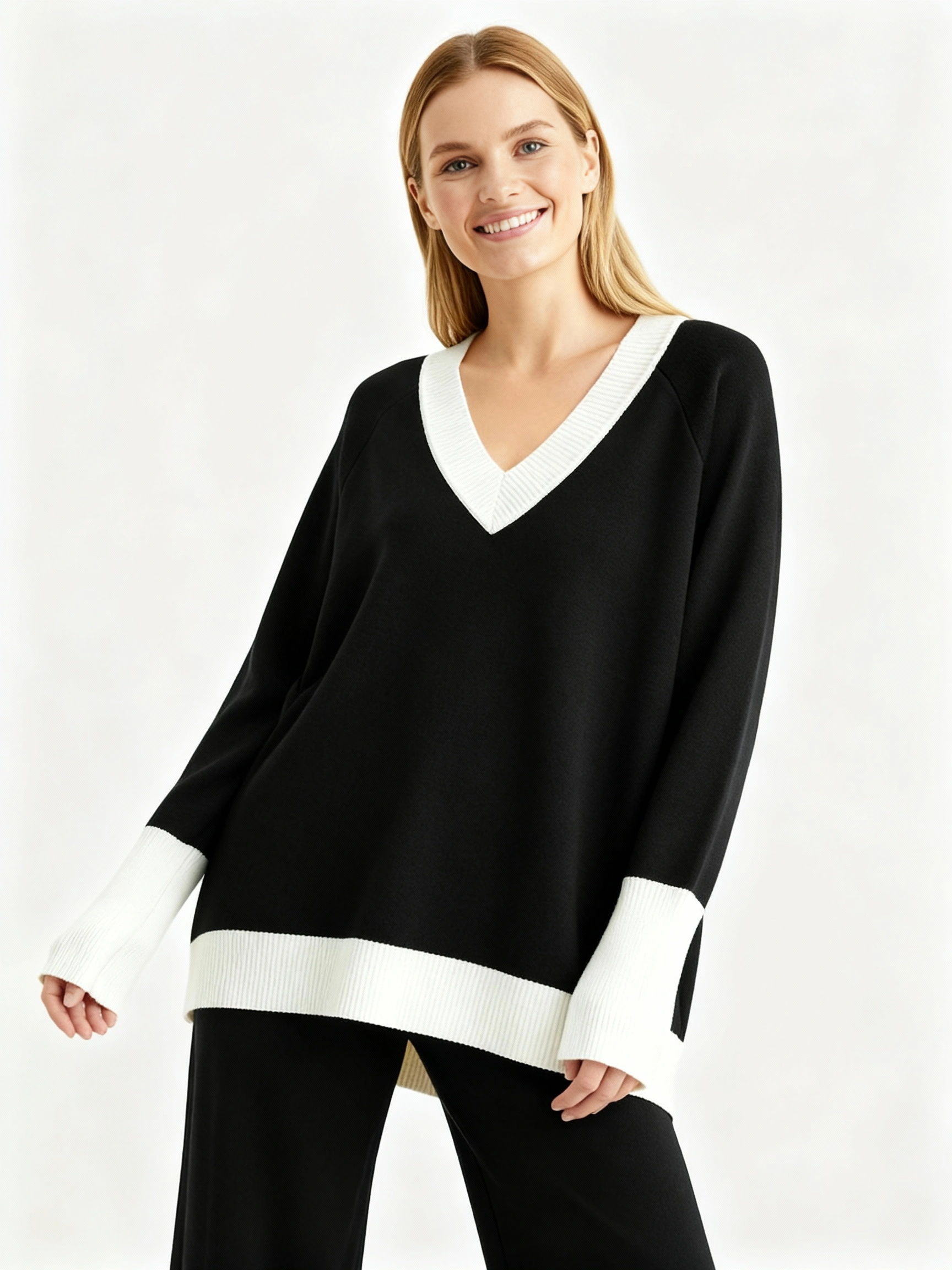 black v neck sweater and wide leg pant