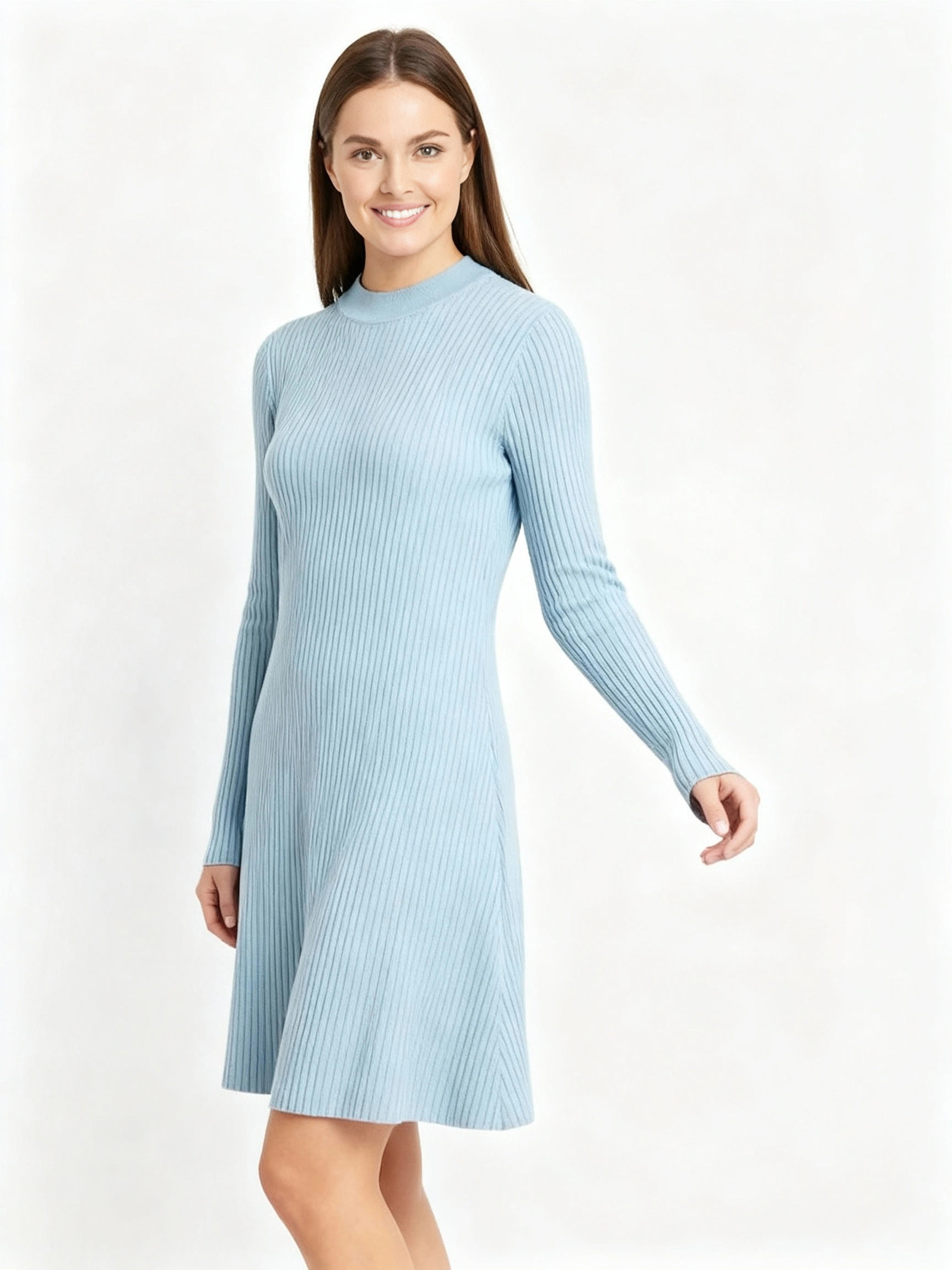 light blue round neck flare short sweater dress