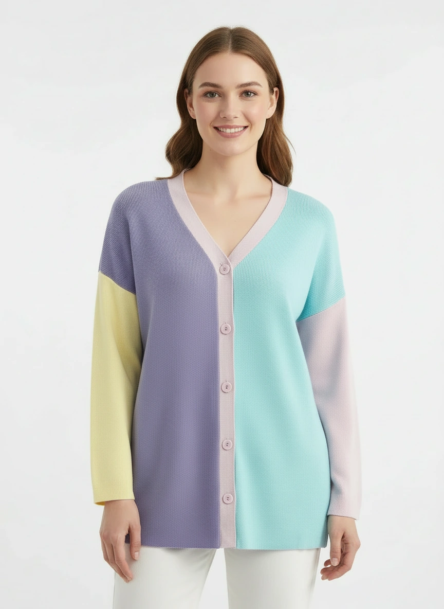 color block v neck cardigan