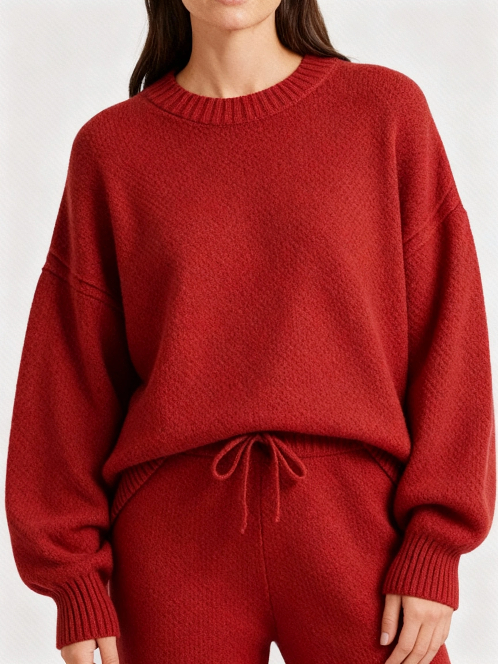cherry red round neck sweater and pant set